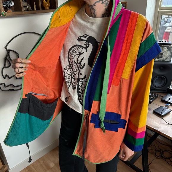 Vintage 80s Unique Wearable Art Rainbow Nu Age Crew Indonesian Jacket ~ Size M - Picture 6 of 9